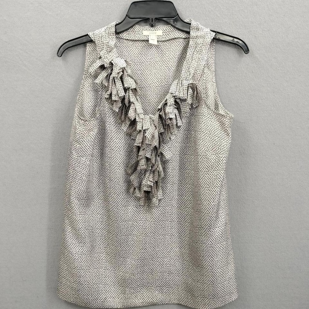 J Crew Women's Sz 2 Silk Ruffle Front Sleeveless V Neck Blouse Top Fringe Blouse
